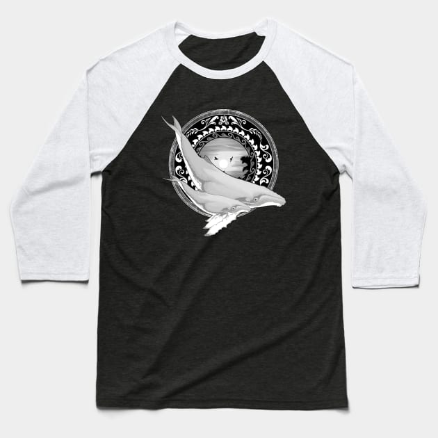 Humpback Whales on Tropical Sunset Baseball T-Shirt by NicGrayTees